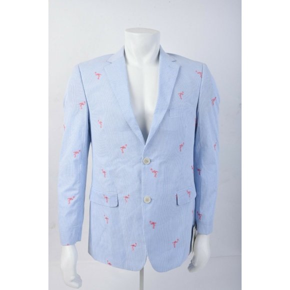 Crown & Ivy Mens Suit Jacket Blazer Flamingo Sz 40 Blue White Seersucker New - Picture 1 of 6